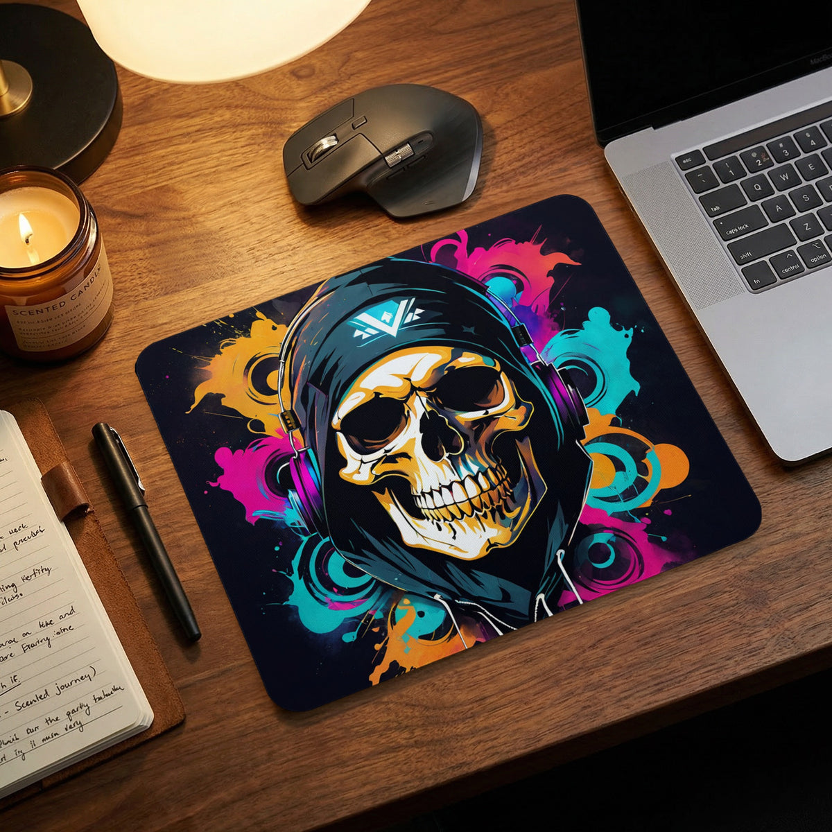 Rectangular mousepad featuring a skull wearing a hooded sweatshirt and headphones against colorful abstract splashes.