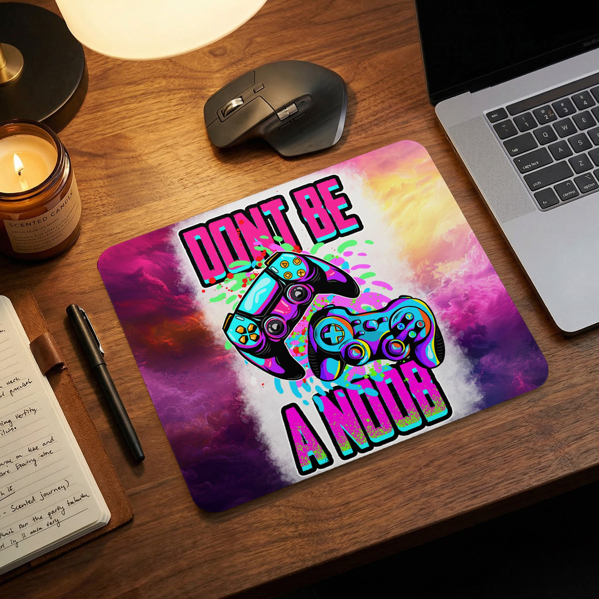 A mouse pad on a wooden desk with a colorful graphic of two game controllers and text reading "Don't be a noob".