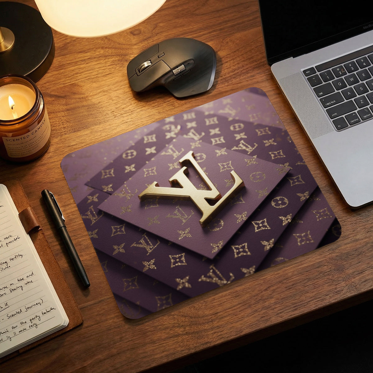 Mousepad with purple and gold repeating logo pattern and large gold "LV" logo.