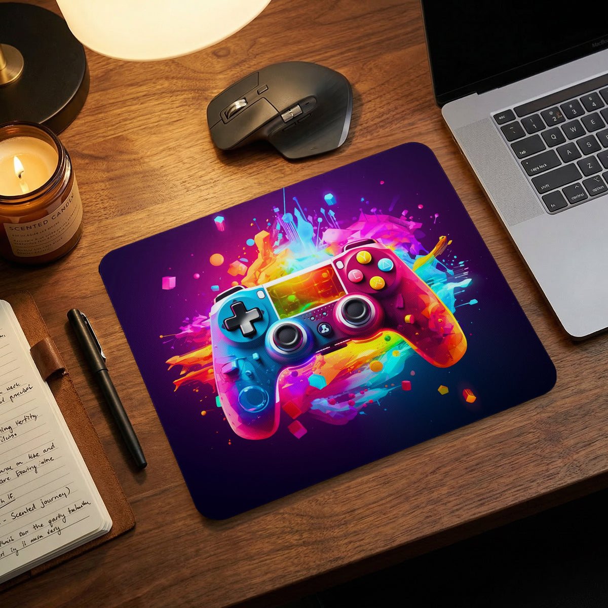 Mouse pad with a colorful abstract video game controller design on a wooden desk.