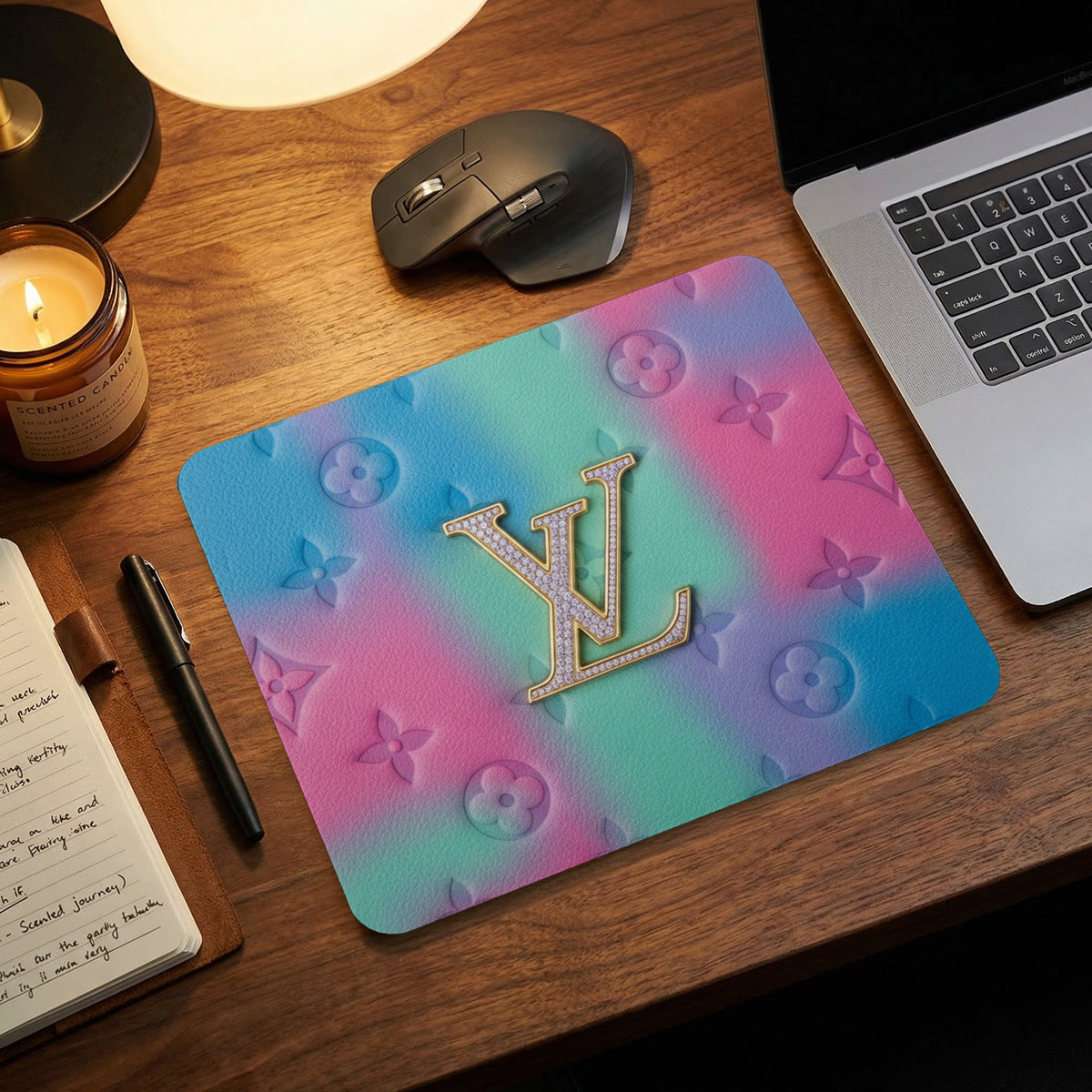 Mousepad with gradient pink, blue, and green design and embossed LV logo.