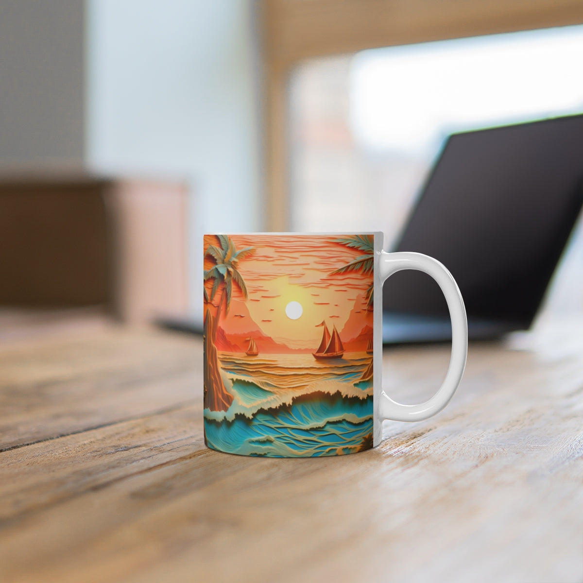 Tropical Sunset Ocean View with Sailing Boats Mug