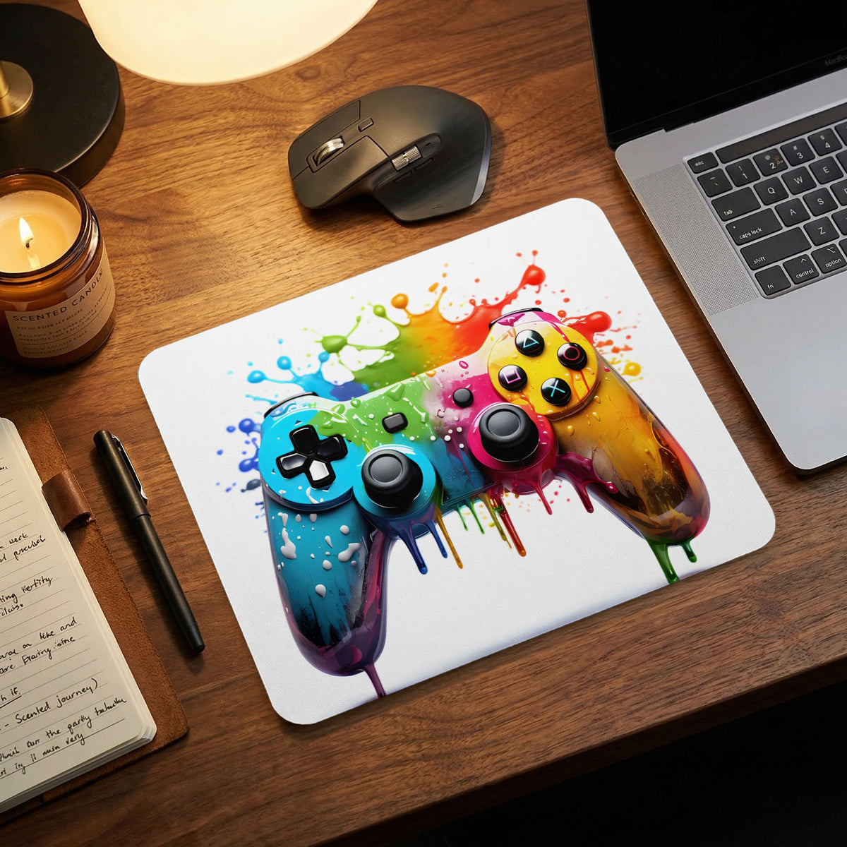 A white mousepad featuring a colorful, paint-splattered video game controller design on a wooden desk.