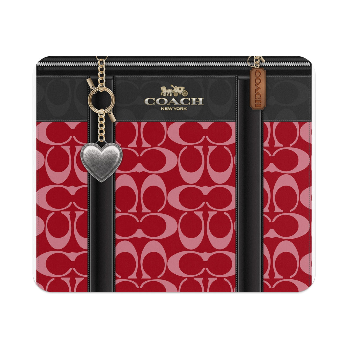 Coach C pattern red and black wallet with silver heart charm.