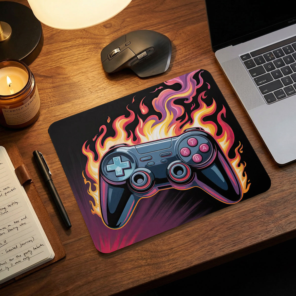 A rectangular mousepad featuring a graphic illustration of a video game controller engulfed in stylized flames.