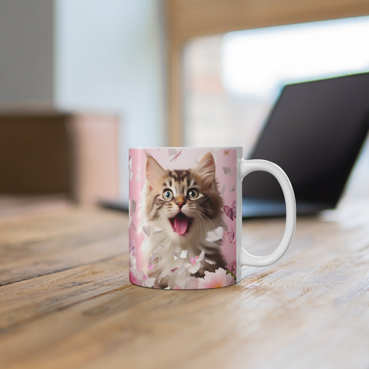 Cute Happy Kitten with Butterflies and Flowers Mug