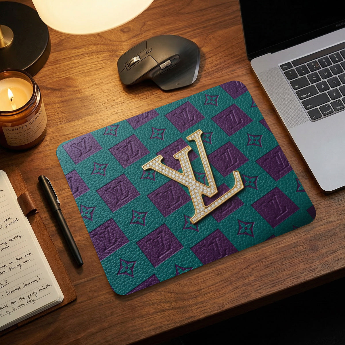 Teal and purple checkerboard mousepad with gold LV monogram and rhinestones.