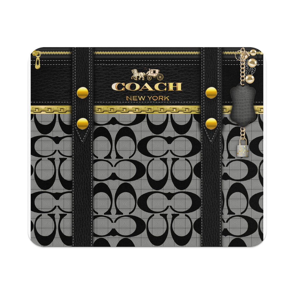 Coach logo with horse and carriage, black leather, gold chain, and monogram pattern.