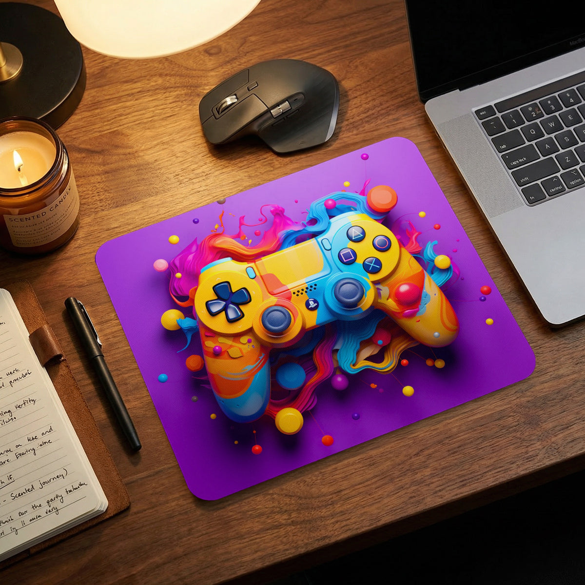 A vibrant purple mouse pad featuring a colorful, abstract 3D game controller design rests on a wooden desk.