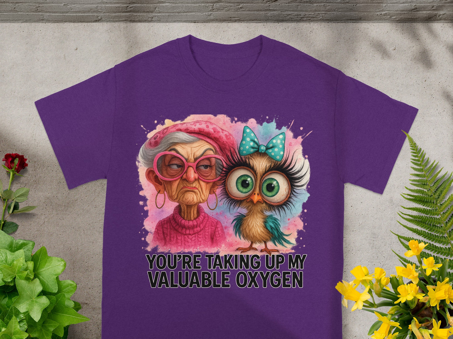 Purple t-shirt with a cartoon owl and funny text.