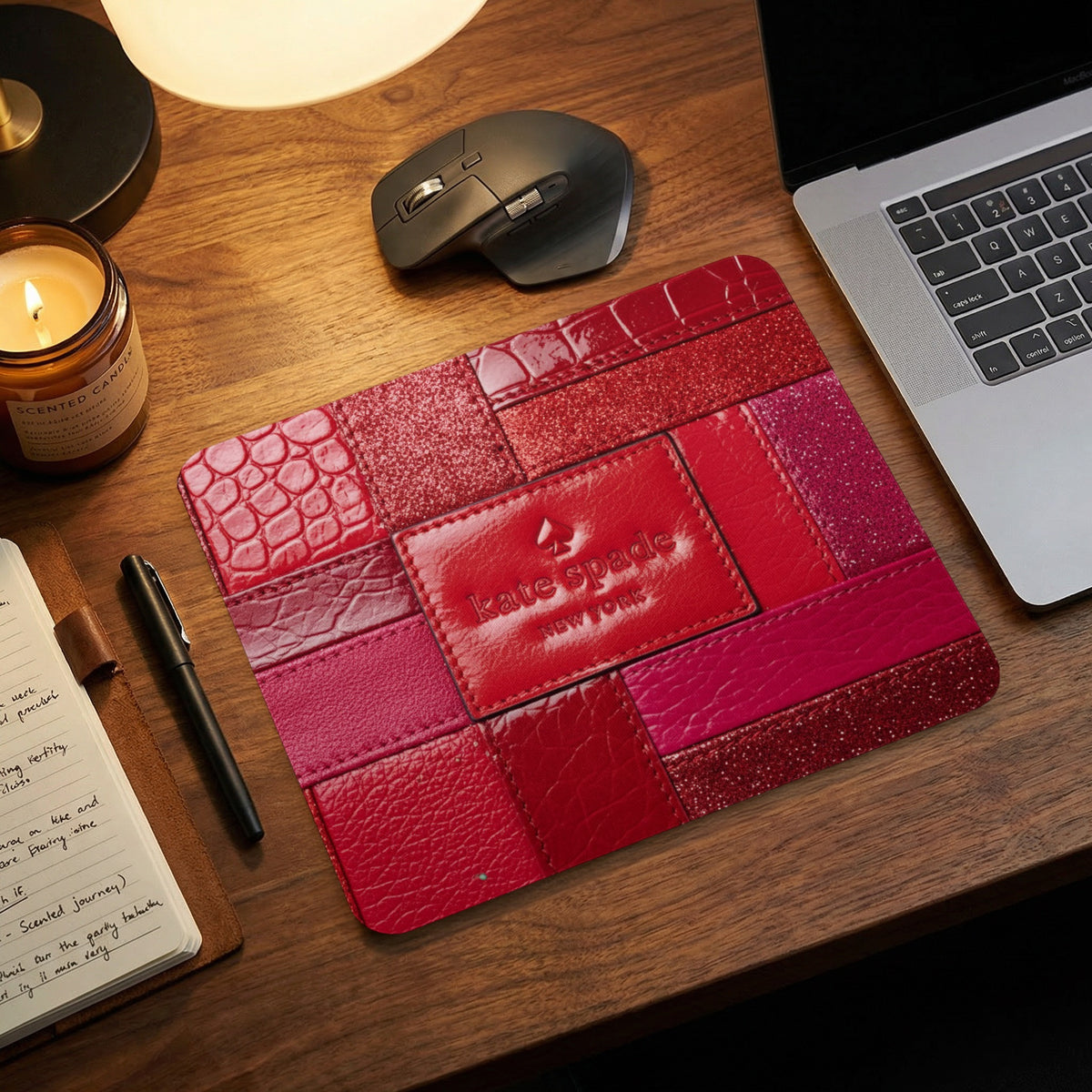 Kate Spade New York mousepad with red patchwork texture and glitter details.