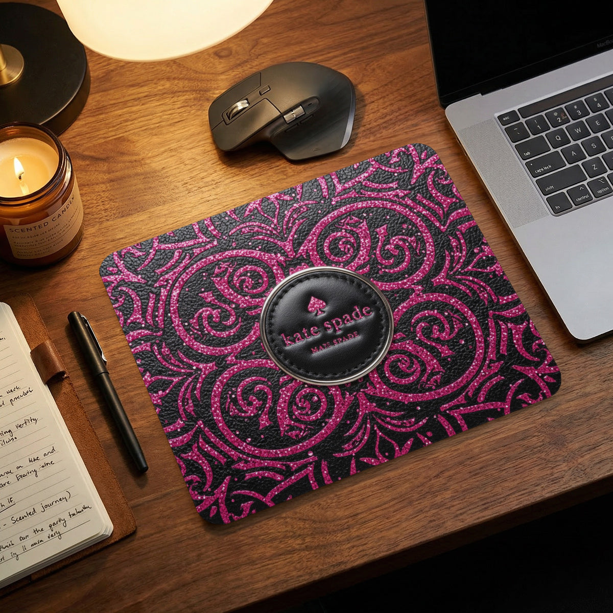Kate Spade mousepad with black and pink ornate glitter pattern and central logo.