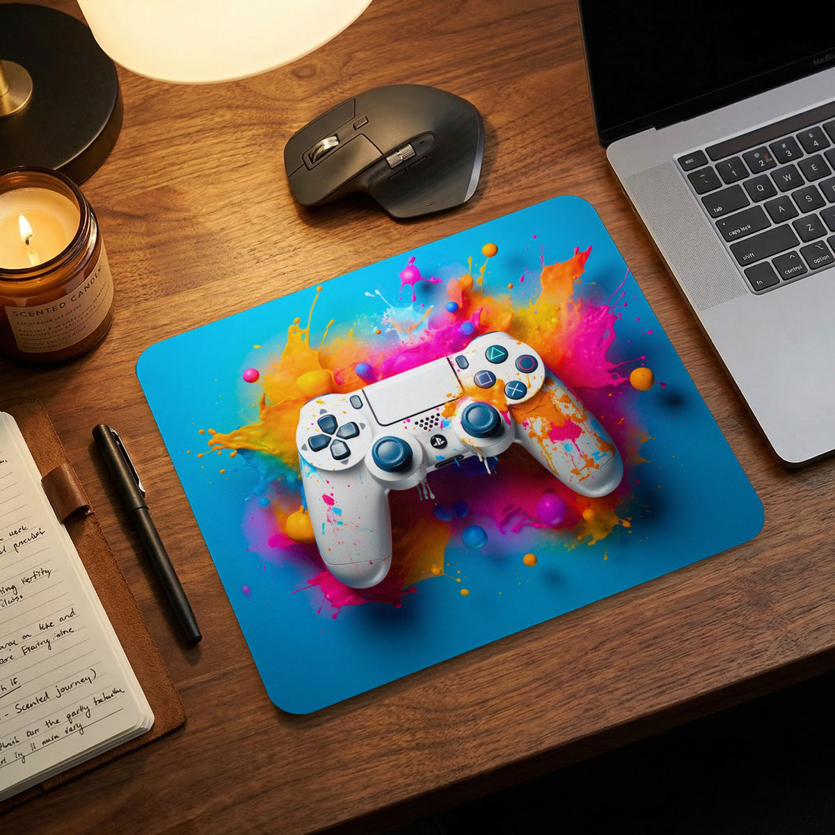 A white game controller rests on a vibrant blue mousepad featuring colorful paint splashes on a wooden desk.