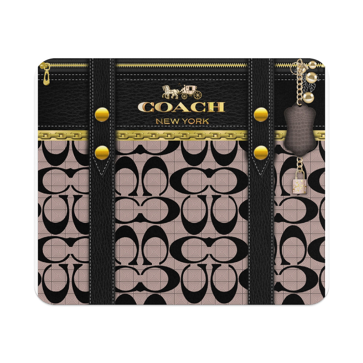 Coach signature pattern wallet with black leather trim, gold chain, and key charm.