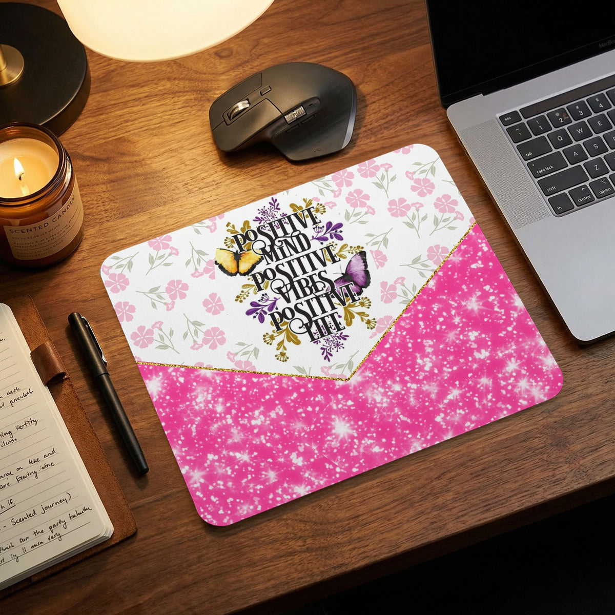 Mousepad with pink floral pattern, glitter, and text "Positive Mind Positive Vibes Positive Life".