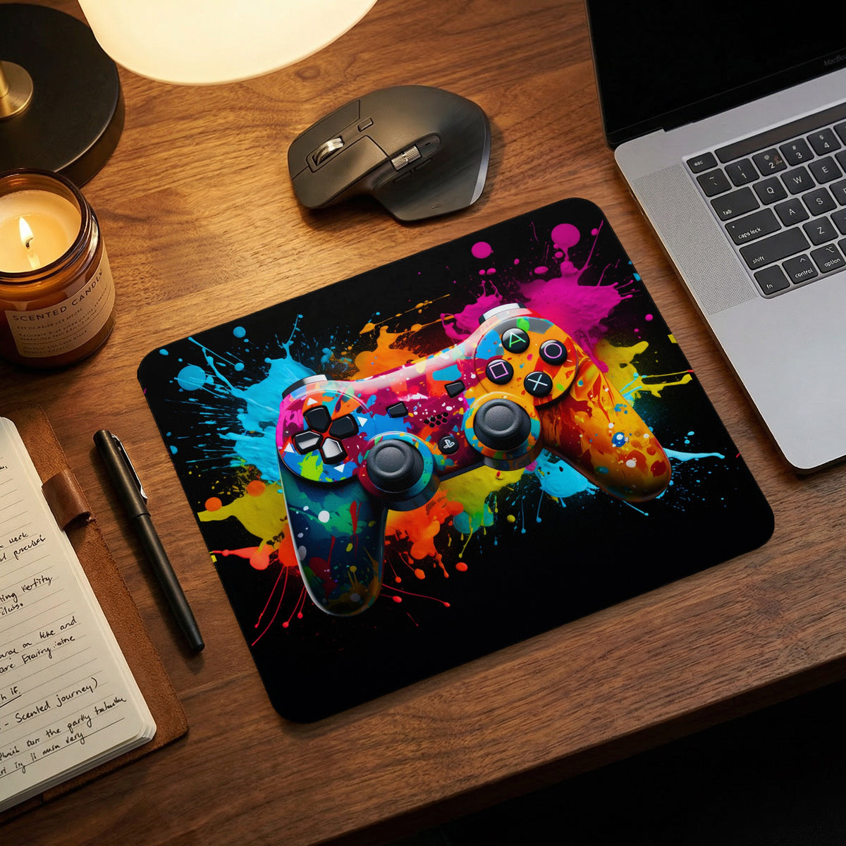 A rectangular mousepad featuring a vibrant, colorful game controller design on a wooden desk.