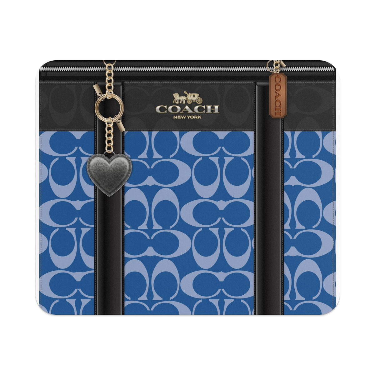 Coach blue monogram wallet with heart charm and gold hardware.