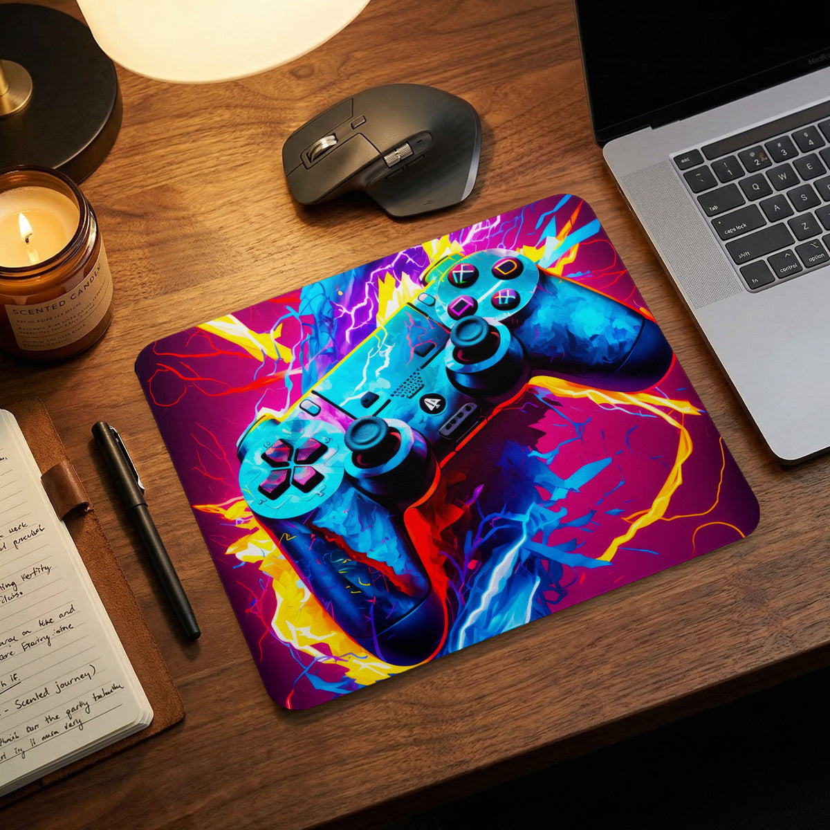 A gaming mouse pad featuring a vibrant, abstract illustration of a blue controller amidst electric lightning.