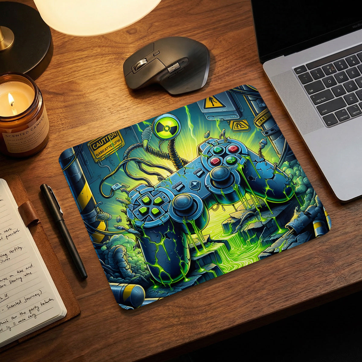A rectangular mousepad featuring an illustrated blue game controller surrounded by glowing green radioactive waste and industrial machinery.