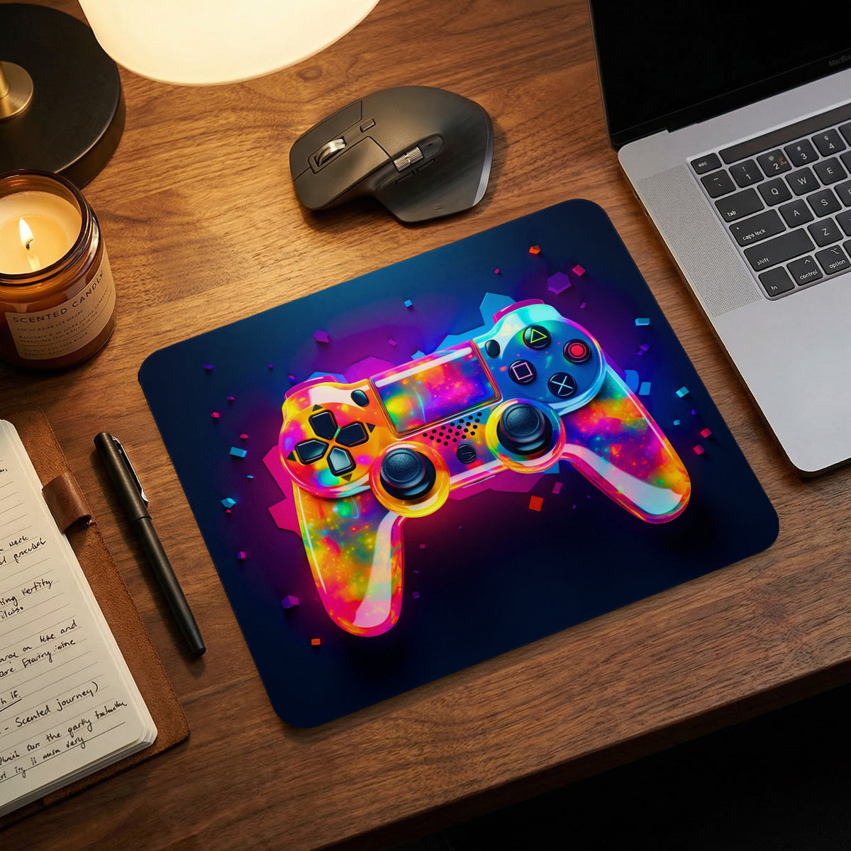 A wooden desk holds a laptop, mouse, and a large mouse pad featuring a vibrant, colorful game controller graphic.