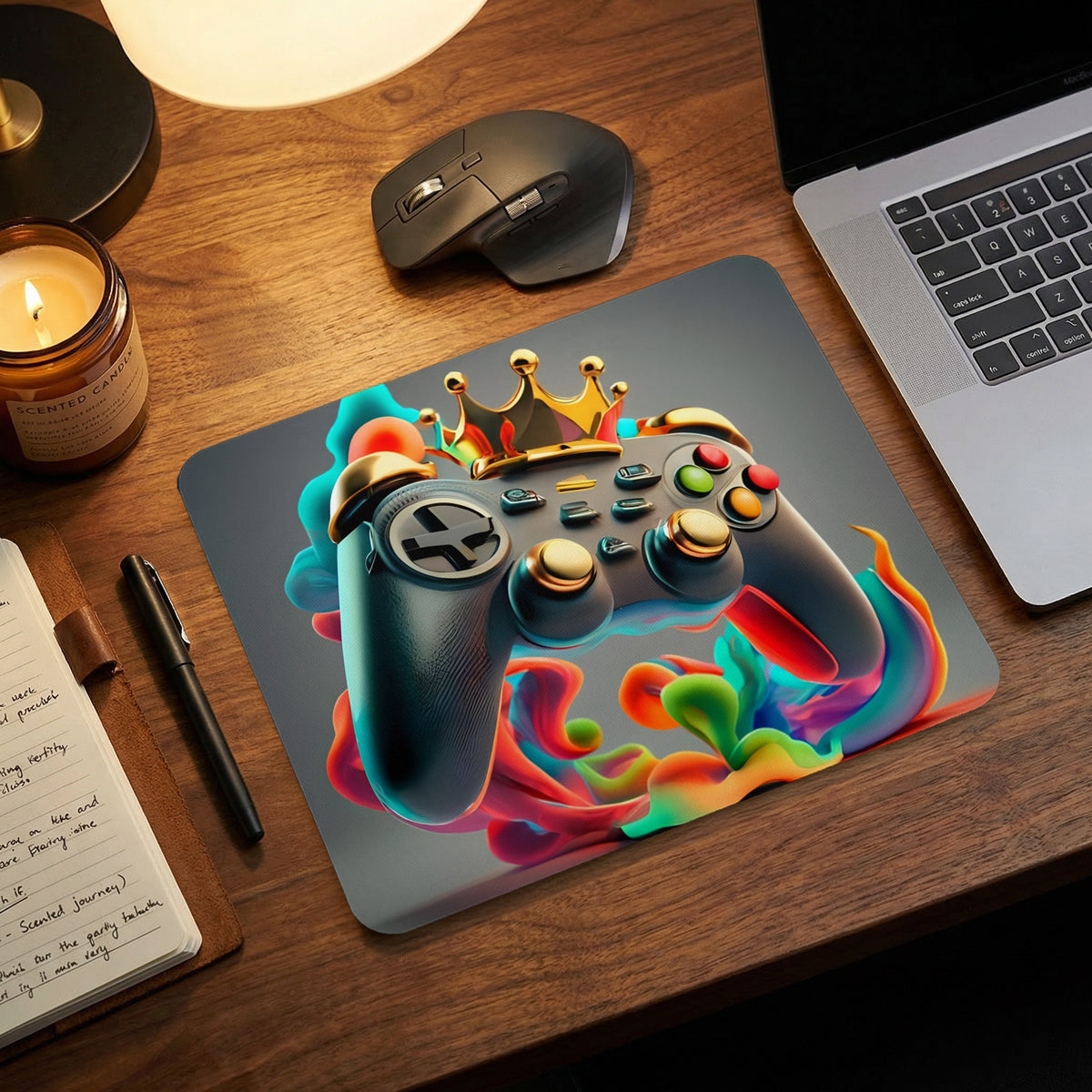 An angled mousepad featuring a gamepad wearing a crown amidst colorful abstract splashes on a wooden desk.