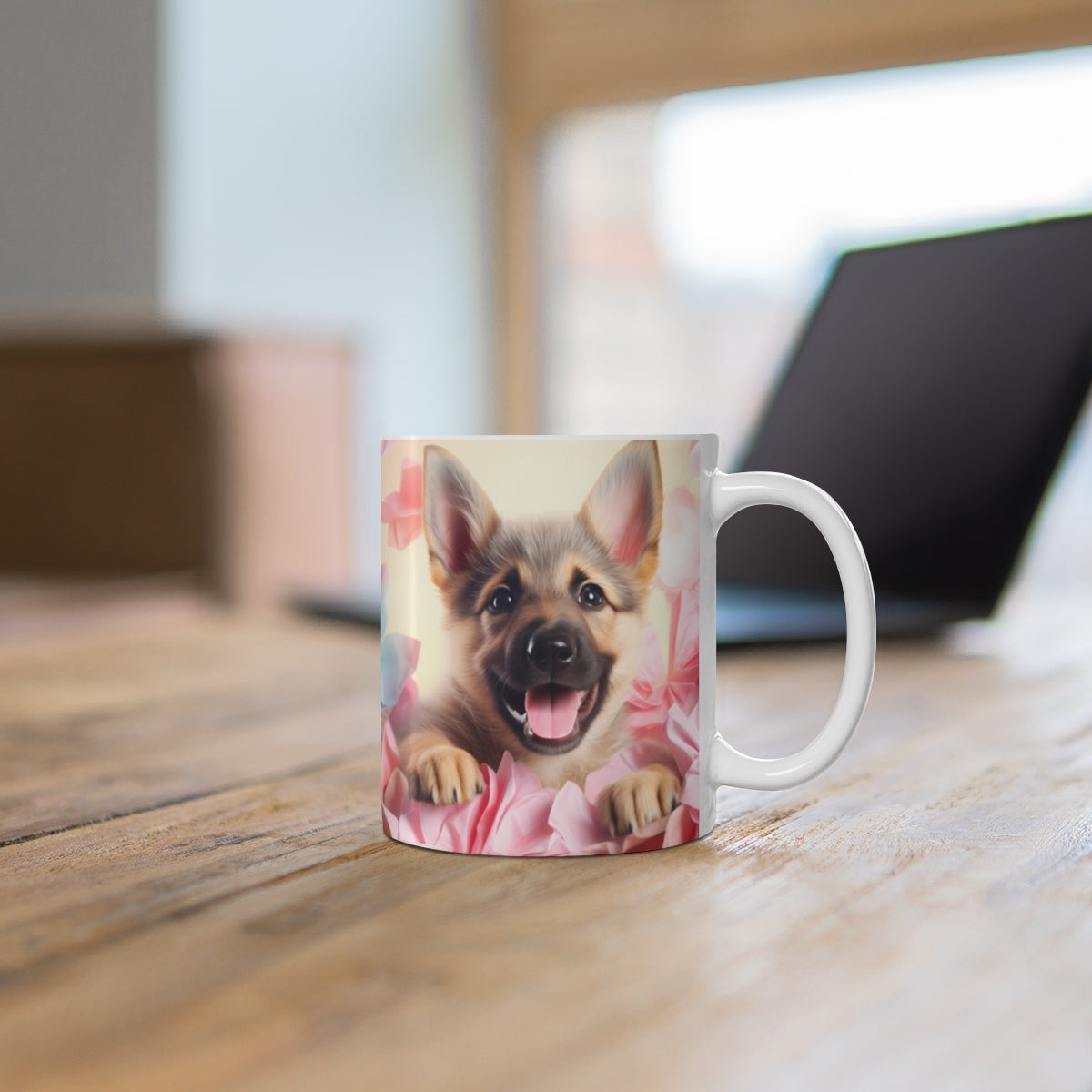 Adorable Puppy Surrounded by Pink Flowers Coffee Mug