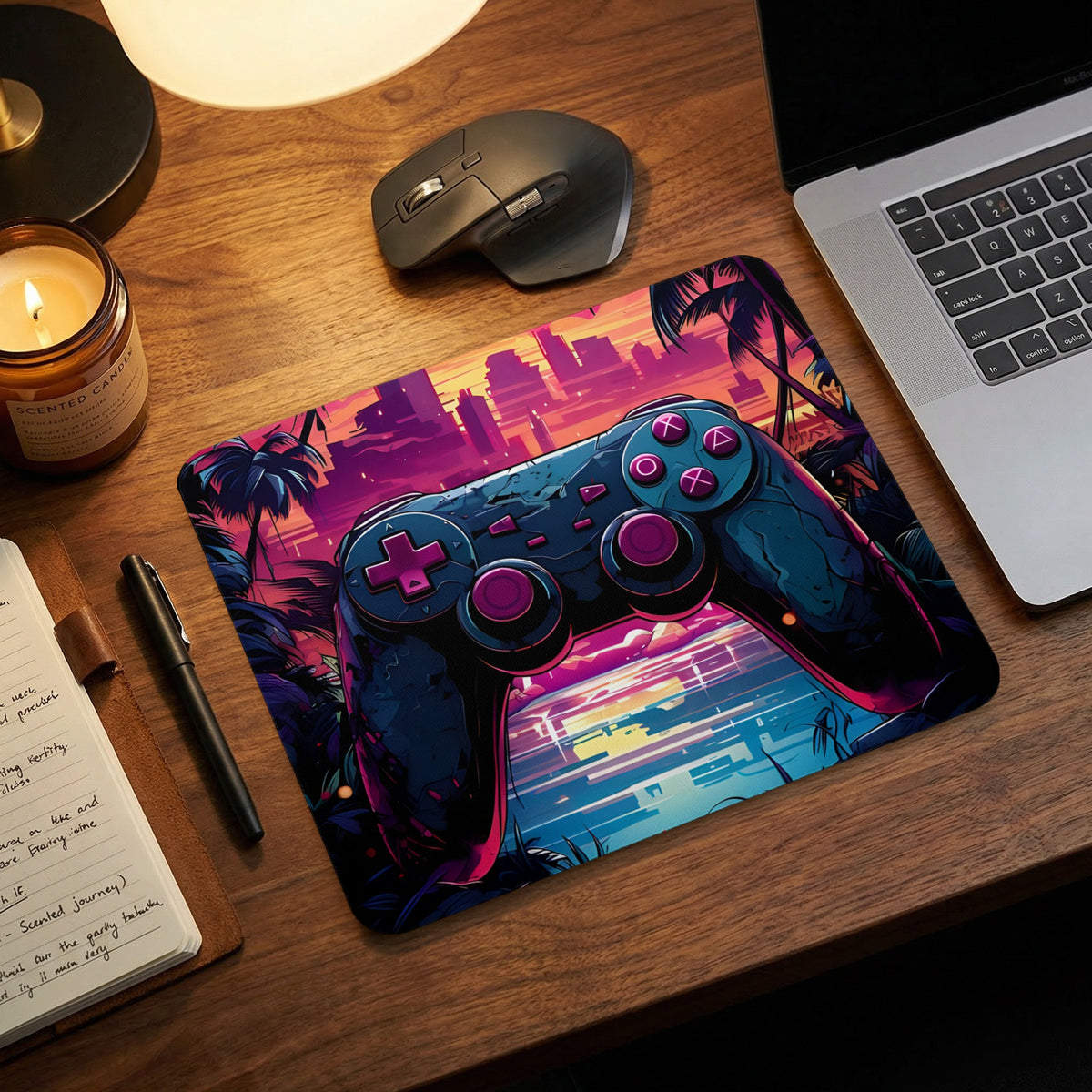 A rectangular desk mat featuring a retro-style video game controller against a sunset cityscape.