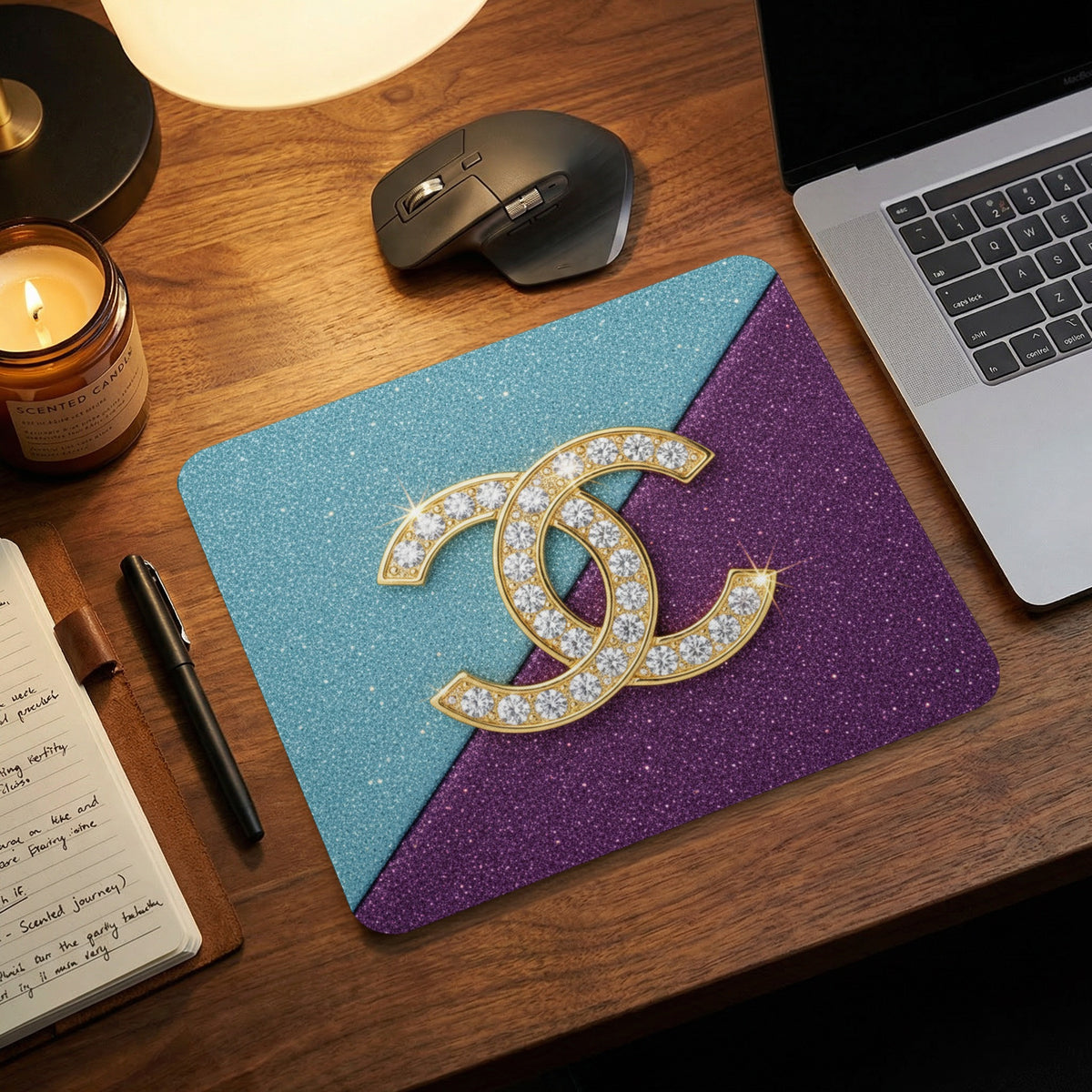 Sparkling CC logo mousepad with blue and purple glitter halves.