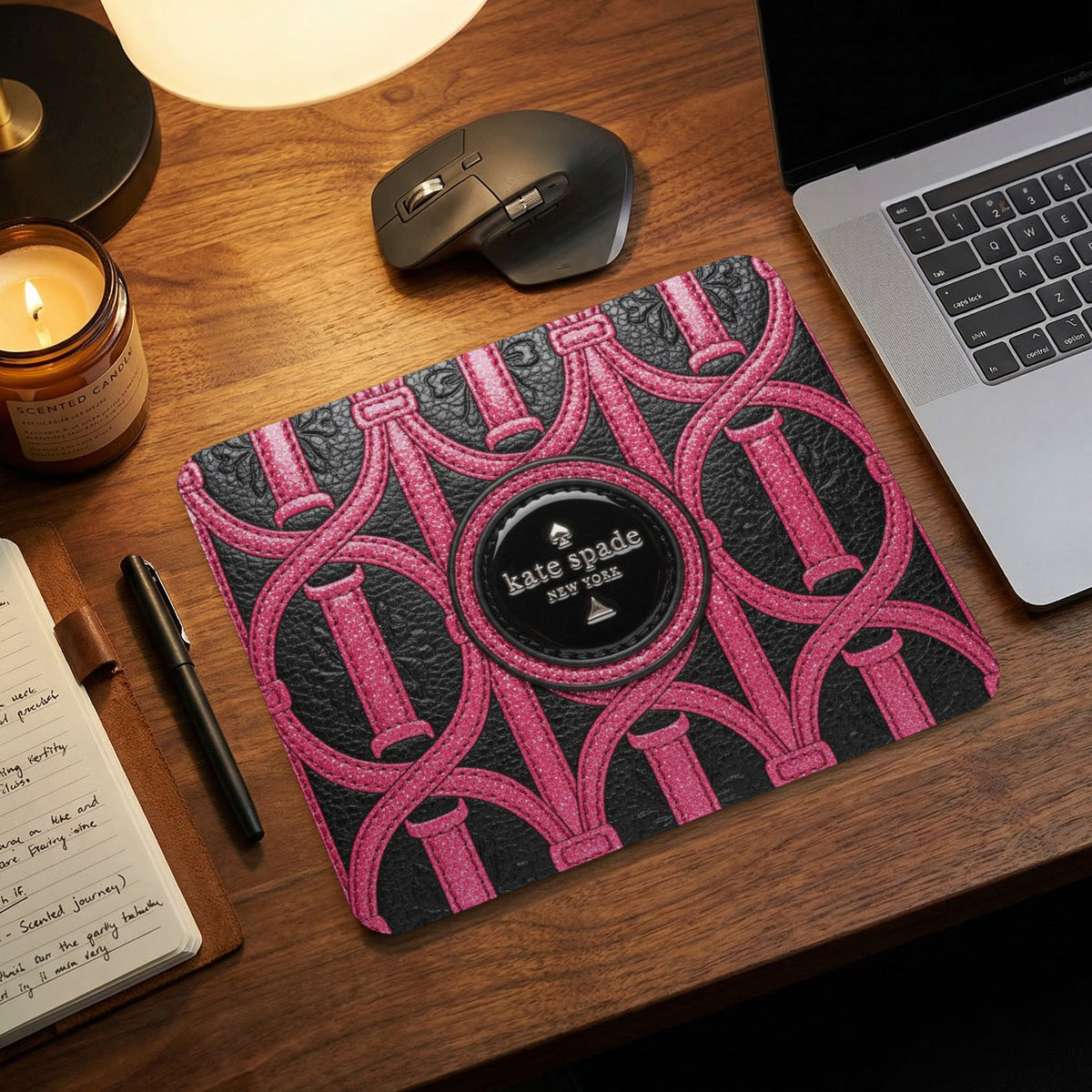 Kate Spade New York mousepad with pink and black chain link pattern.