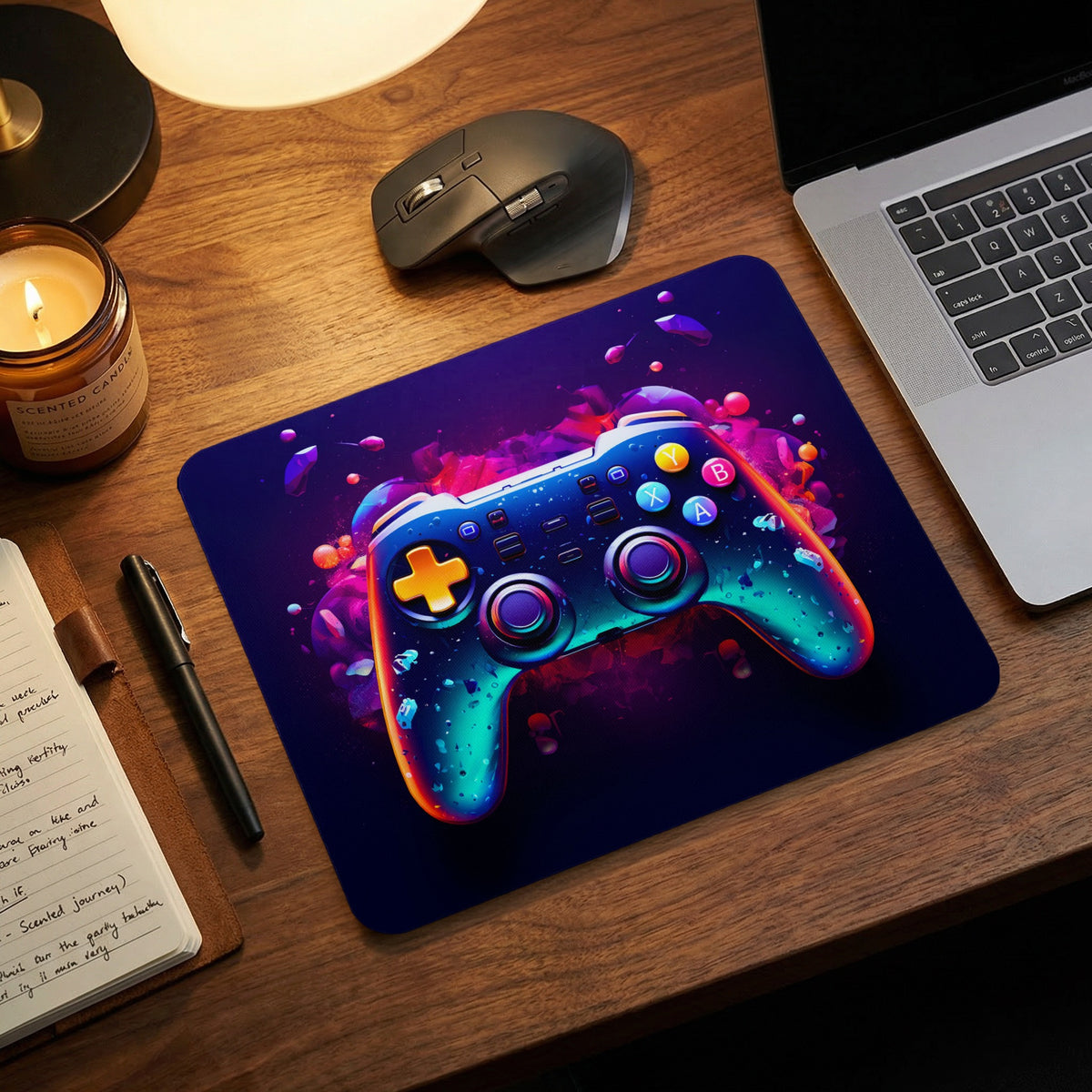 A dark wooden desk holds a laptop, wireless mouse, candle, notebook, and a rectangular mousepad featuring a vibrant gaming controller design.