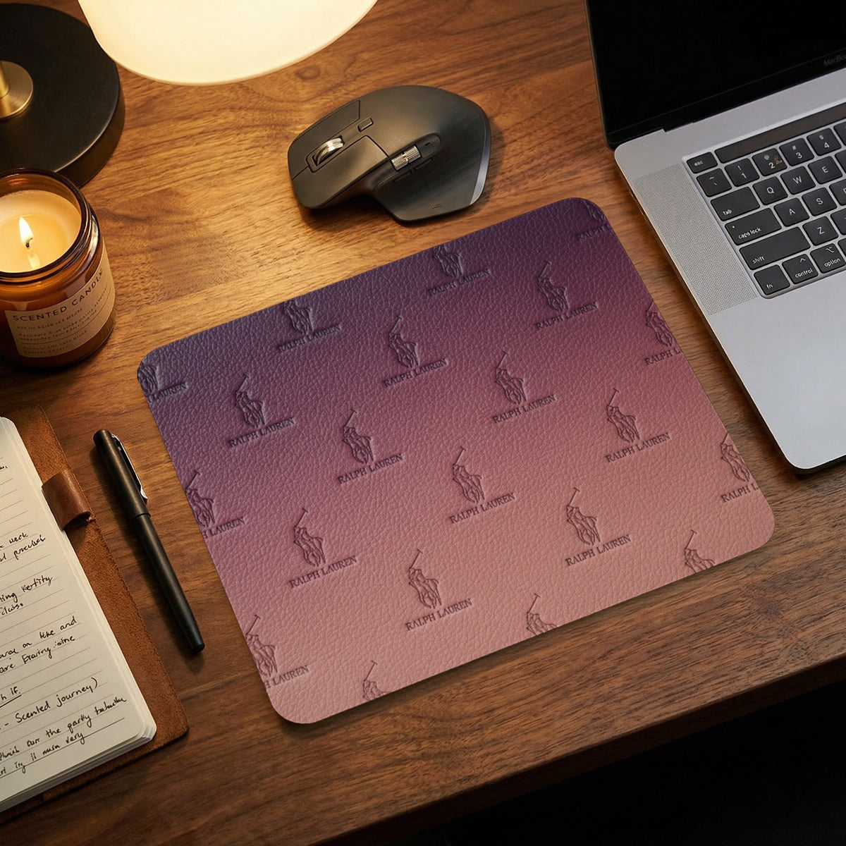 Ralph Lauren horse and rider logo pattern on a purple and pink gradient mousepad.