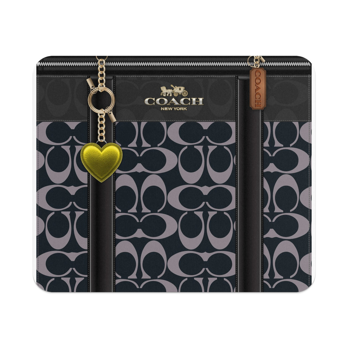 Coach signature pattern tote bag with gold heart charm and leather tag.
