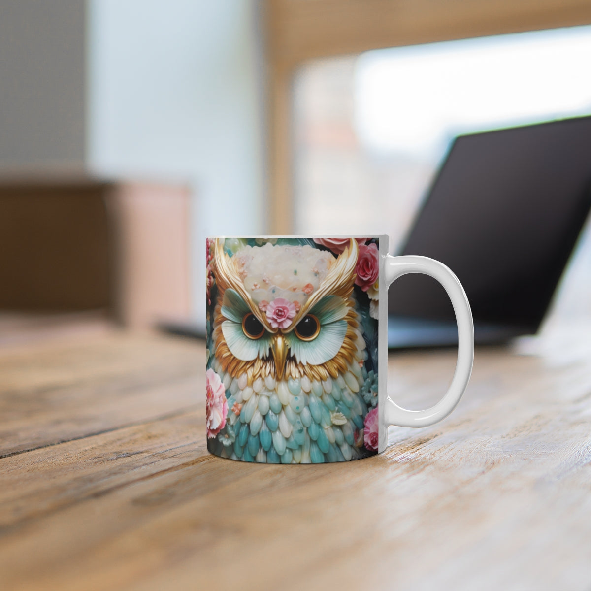 Vivid Owl with Blossoms Design Mug for Nature Lovers
