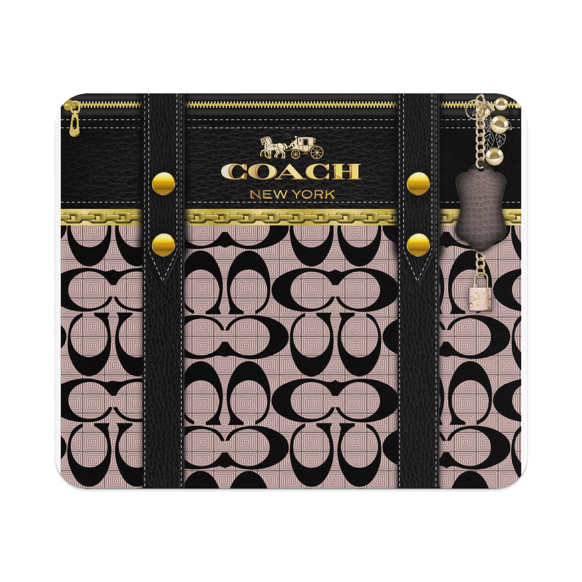 Coach New York logo with horse and carriage on black leather, pink signature pattern, and gold hardware.