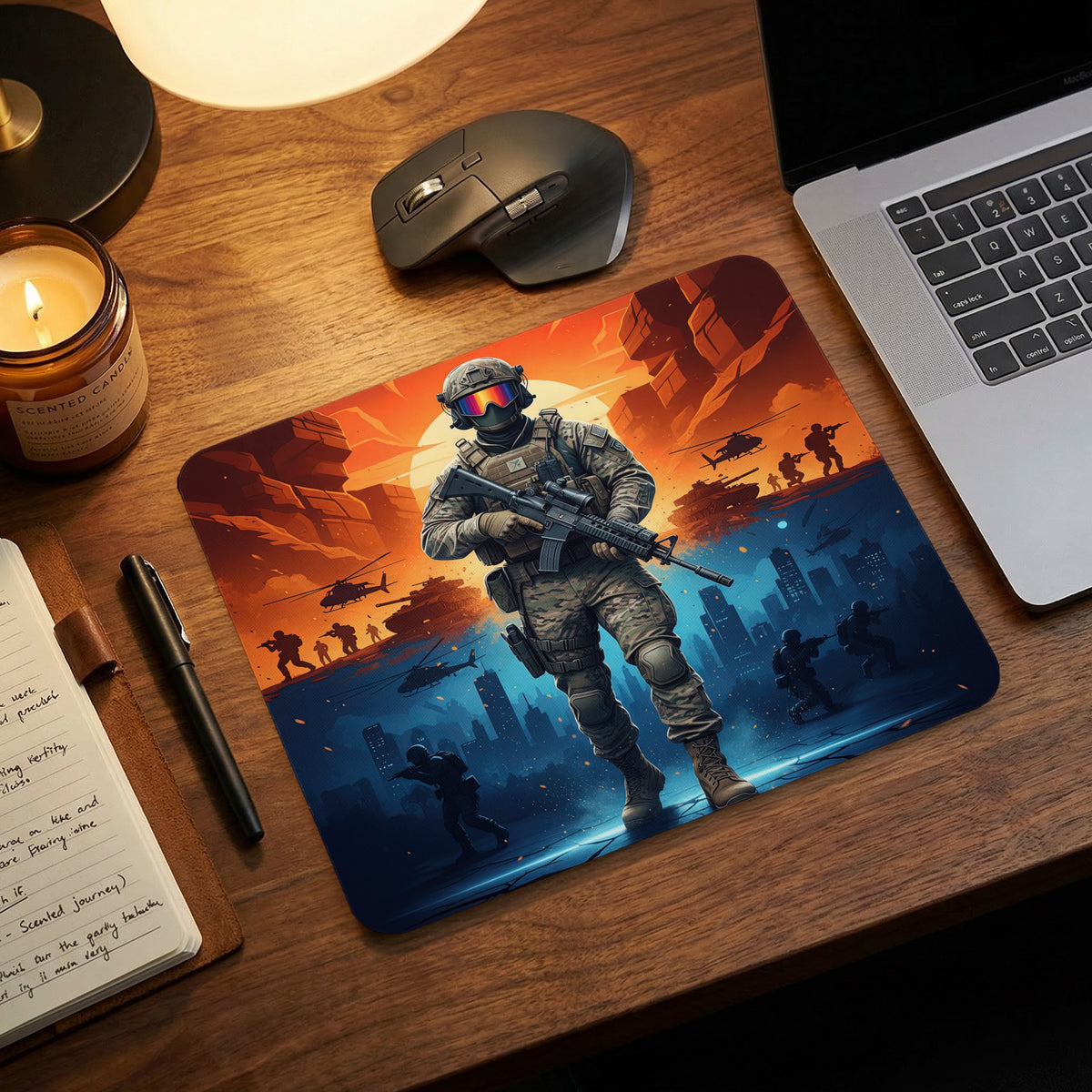 A large mousepad with a military tactical combat design featuring a soldier holding a rifle.
