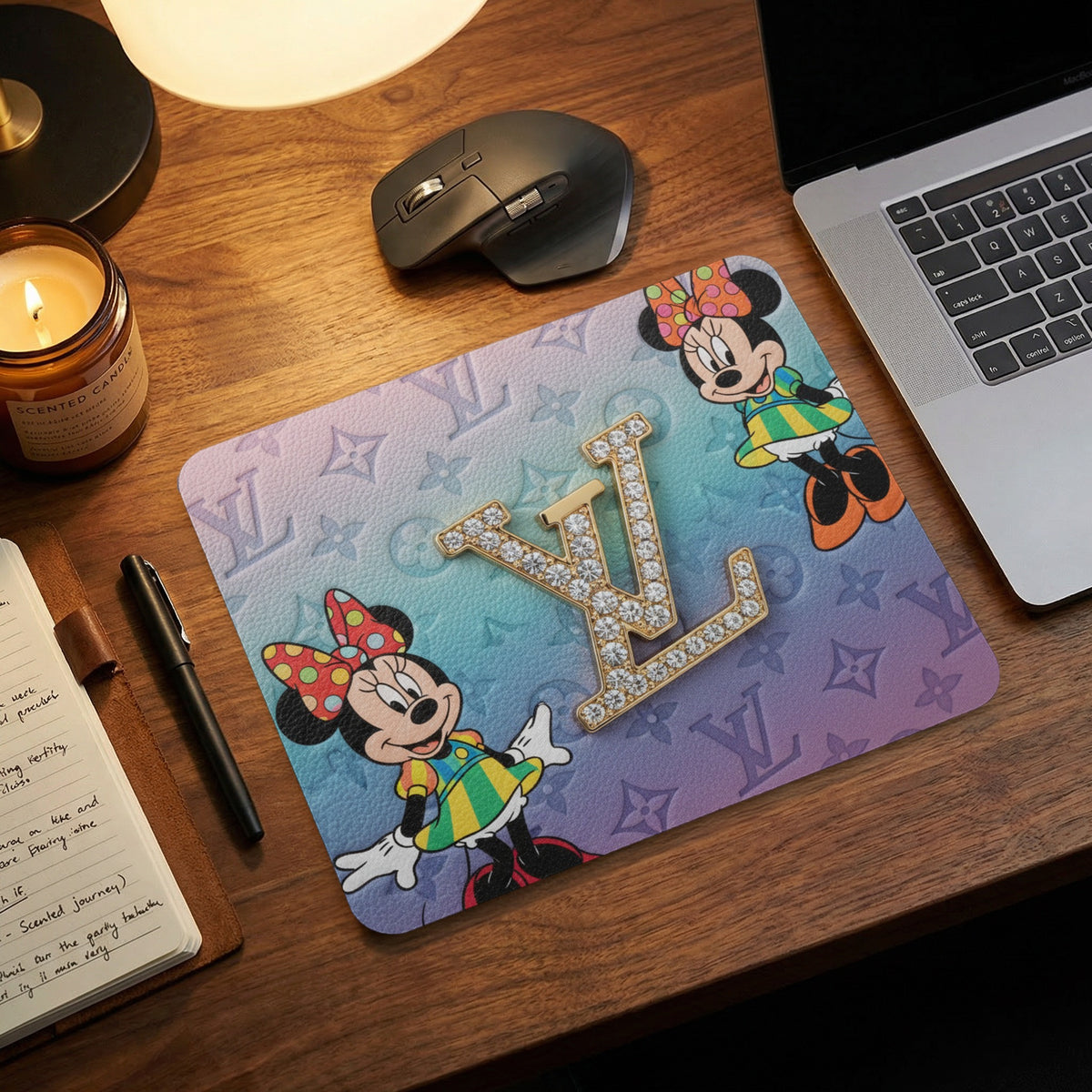 Mousepad with Minnie Mouse, crystal LV logo, and monogram print.
