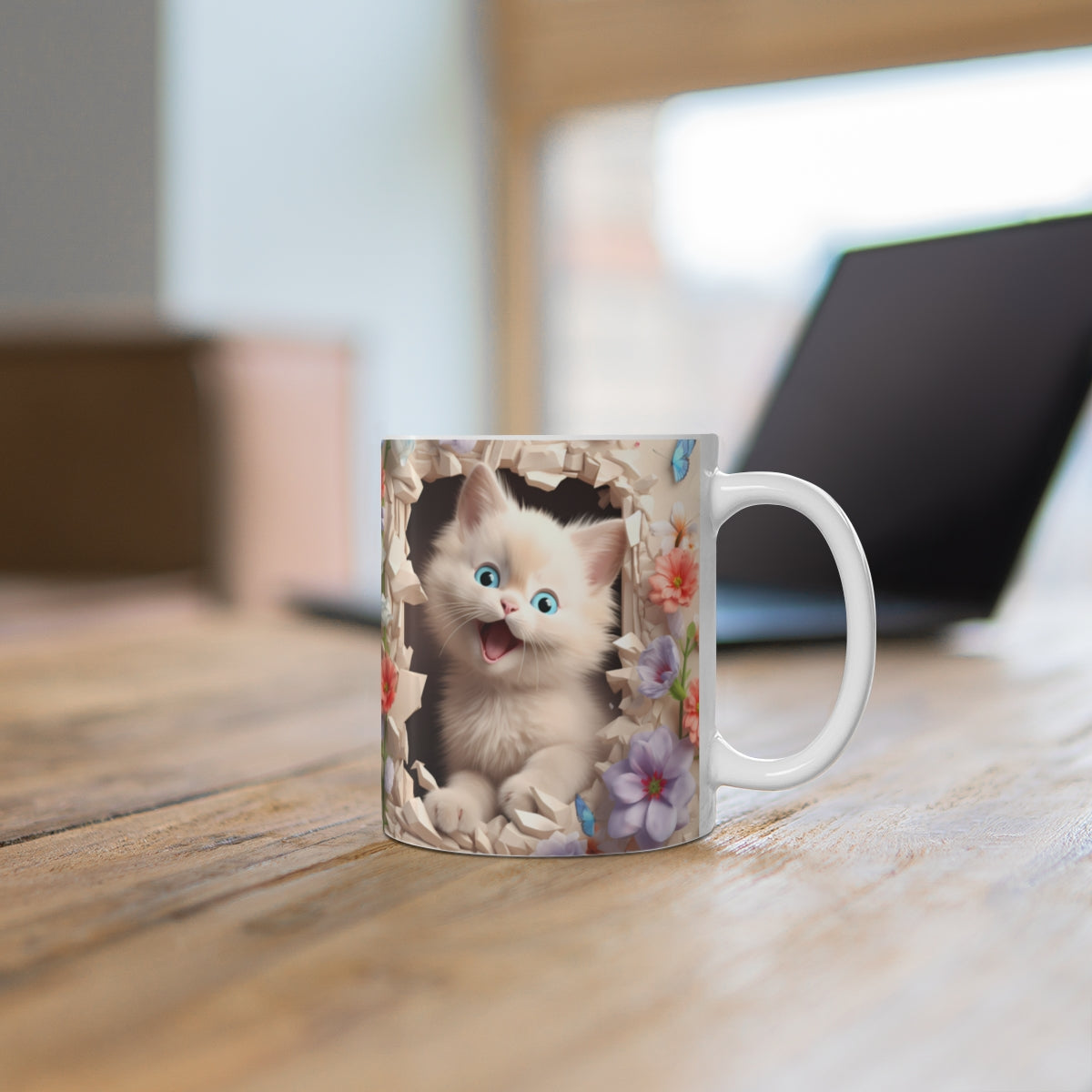 Cute Kitten and Flowers Design Printed Mug
