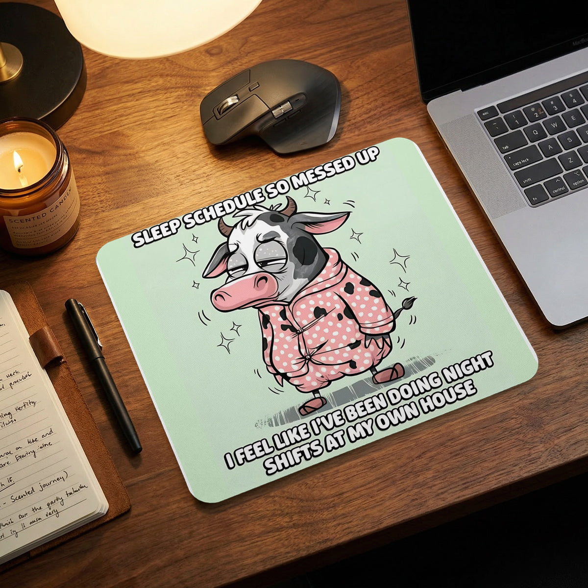 A light green mousepad featuring a tired cow in pink pajamas, with text about a ruined sleep schedule.