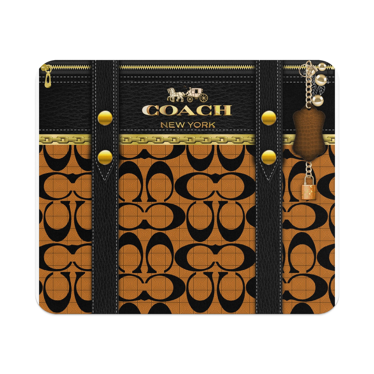 Coach pattern with black leather accents, gold zipper, and bag charm.