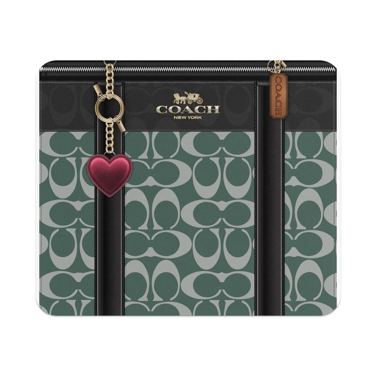 Coach monogrammed wallet with heart charm and gold chain.