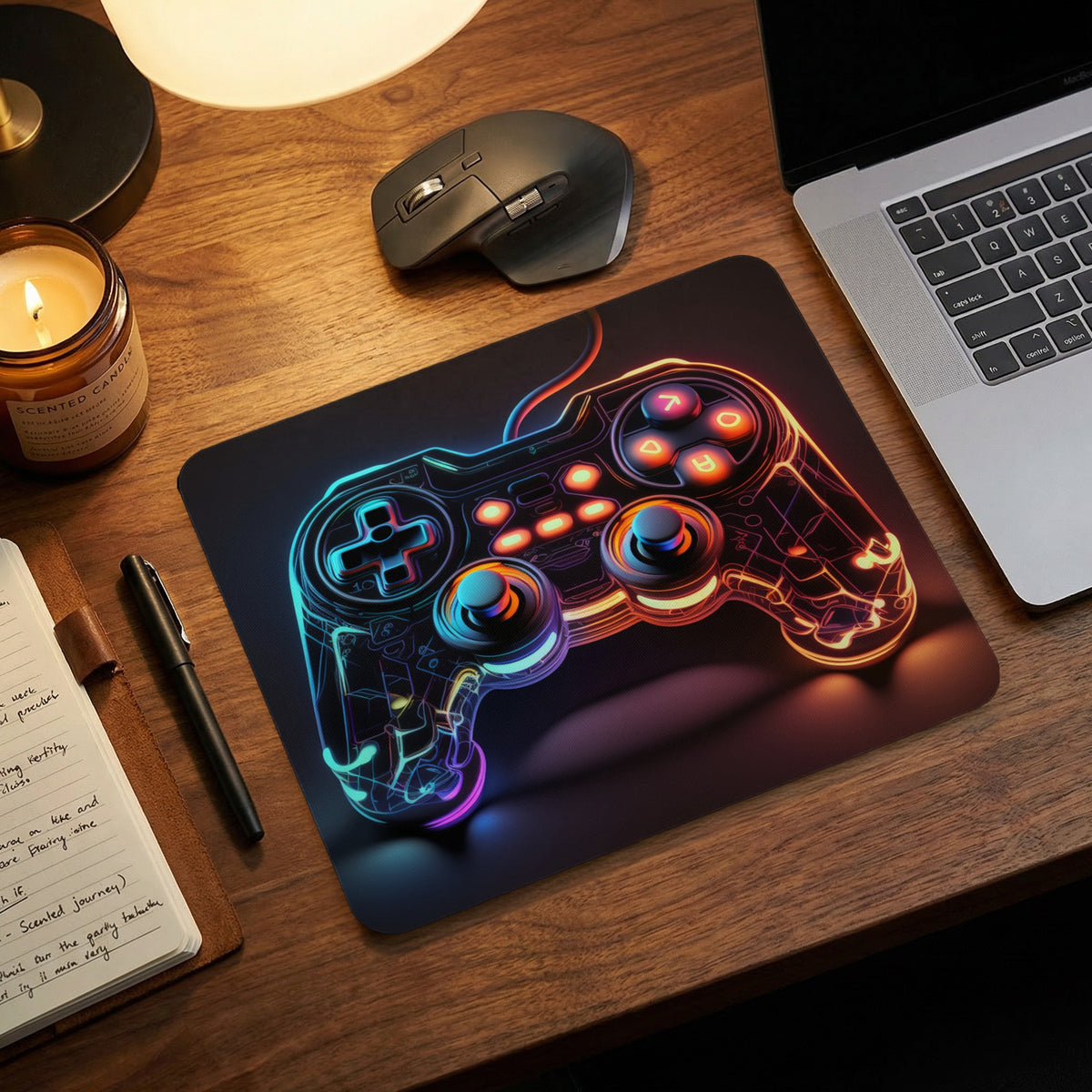 A rectangular mouse pad with a glowing neon gamepad graphic sits on a wooden desk near a laptop.