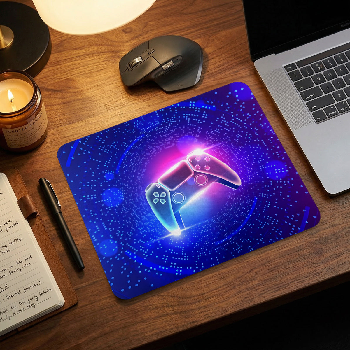 A rectangular blue and purple mouse pad featuring a glowing neon gaming controller design sits on a wooden desk.
