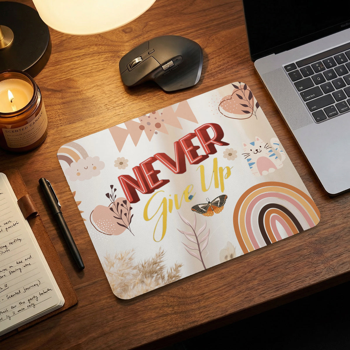 Mousepad with "Never Give Up" text and cute boho illustrations.
