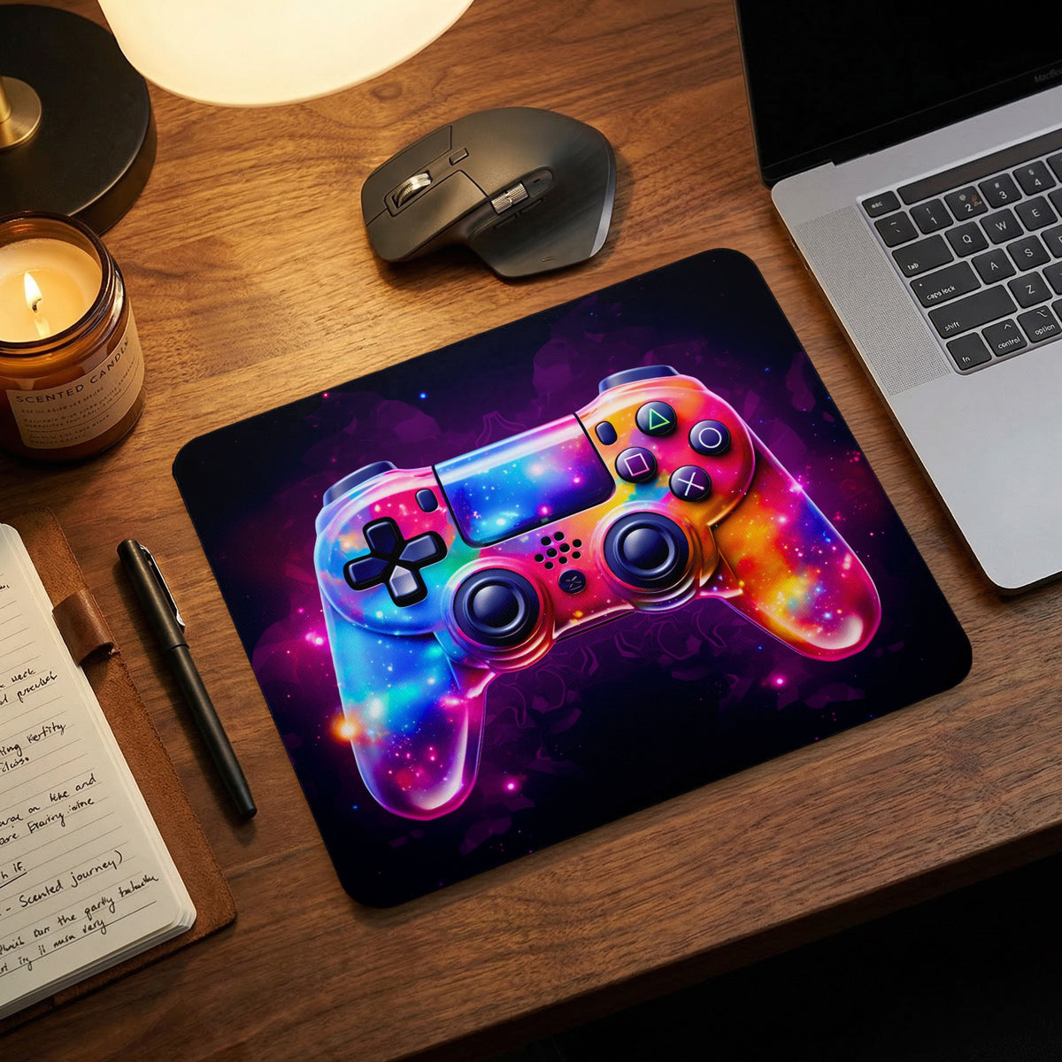 Rectangular mouse pad featuring a colorful nebula gamepad design on a wooden desk with laptop.