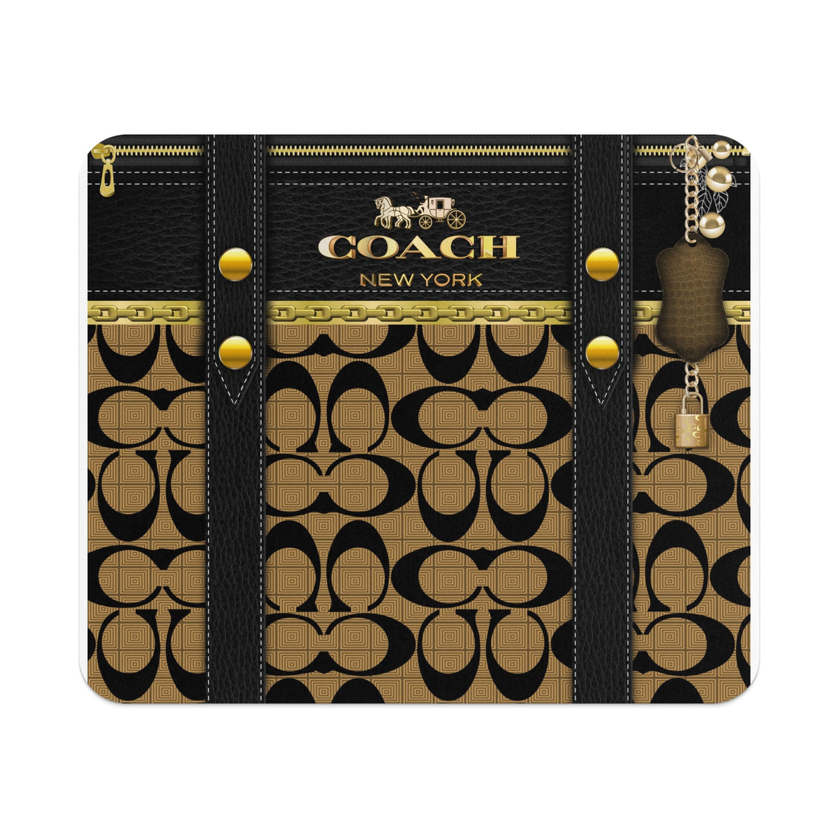 Coach logo on black leather with gold chain accents and patterned background.
