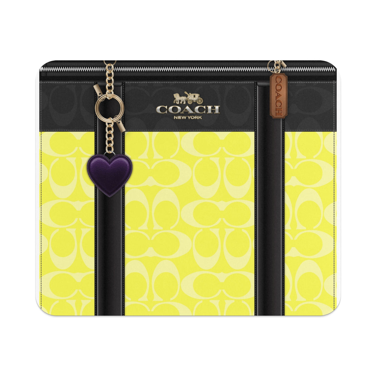 Coach wallet with yellow signature "C" pattern and purple heart charm.