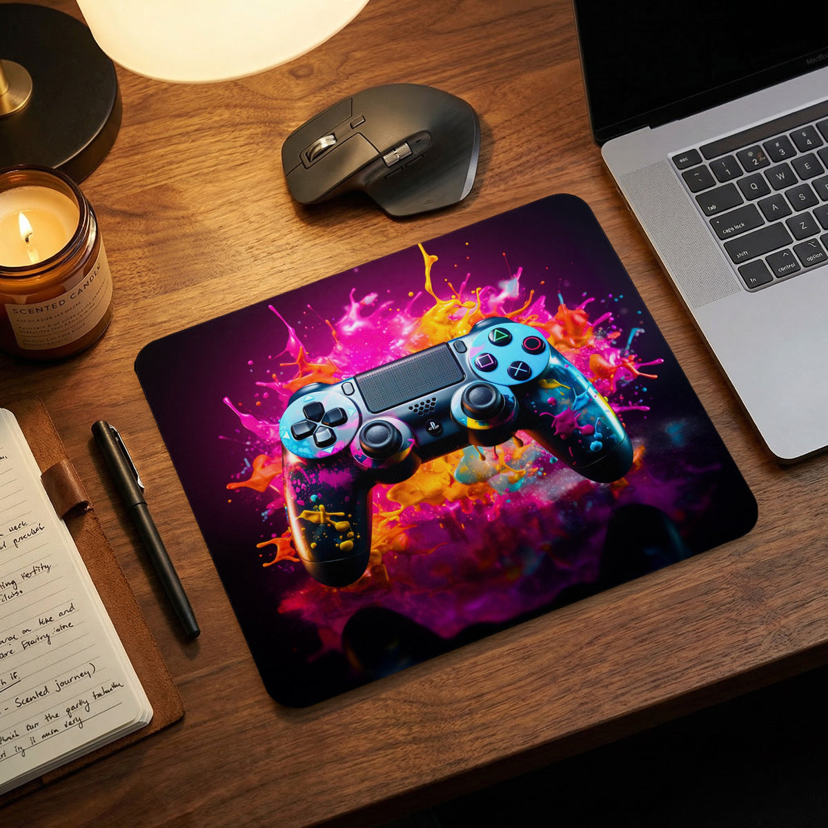 A gaming mouse pad featuring a vibrant graphic of a game controller surrounded by colorful paint splashes, placed on a wooden desk with a laptop, mouse, and notebook.