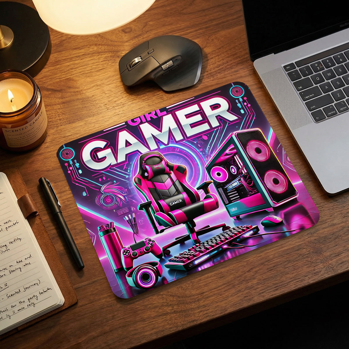 Desk setup featuring a colorful mousepad with a girl gamer gaming setup graphic surrounded by a laptop, mouse, and notebook.
