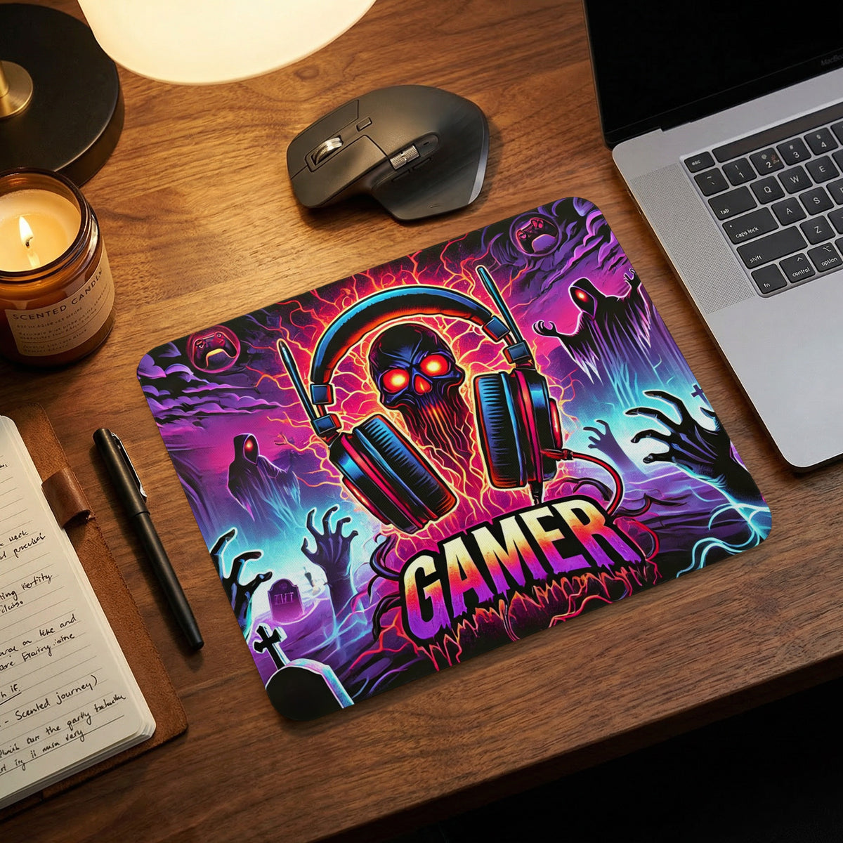 A desk setup features a mousepad with a glowing skull wearing headphones and the text GAMER.