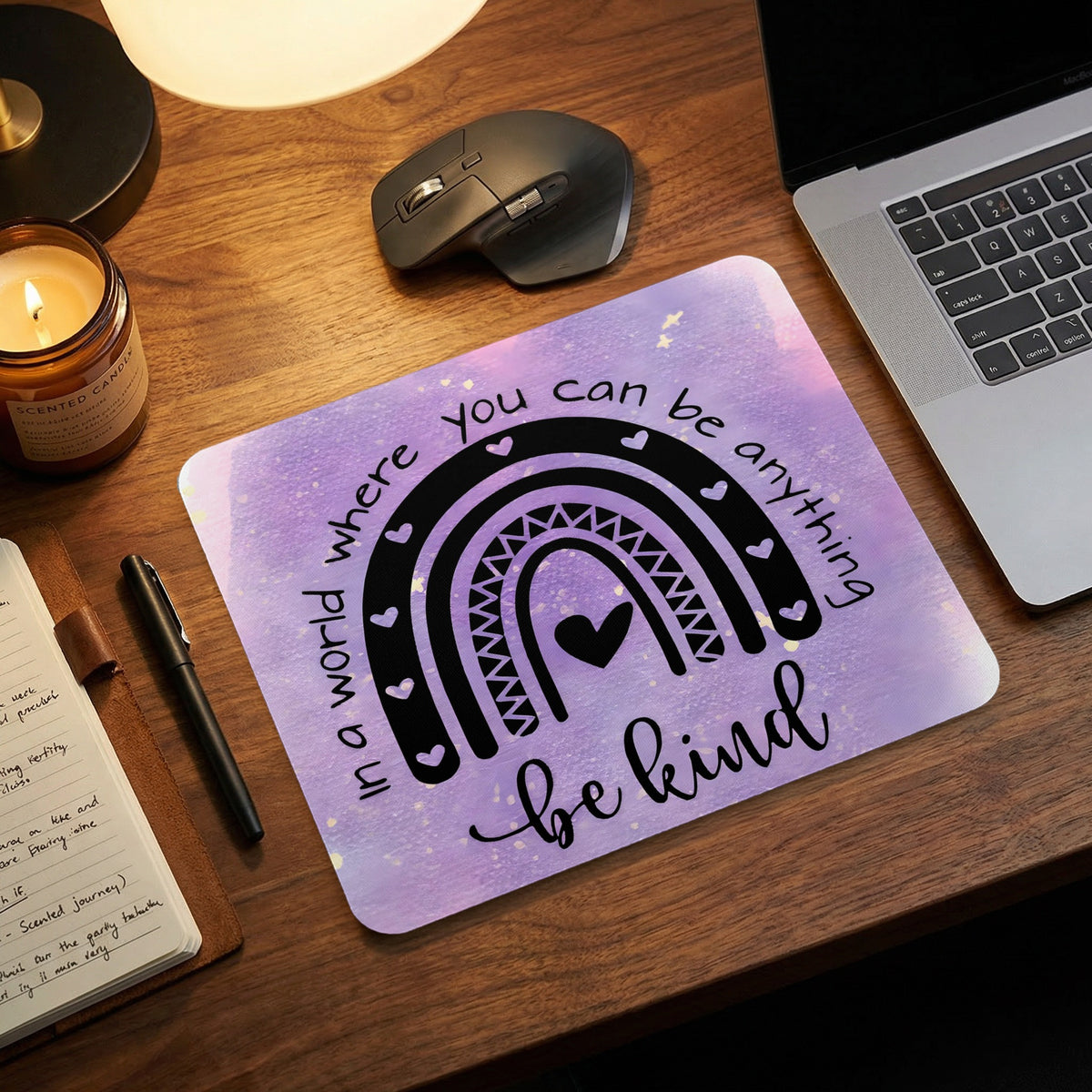 Purple watercolor mousepad featuring a black rainbow, hearts, and the text In a world where you can be anything be kind on a wooden desk.